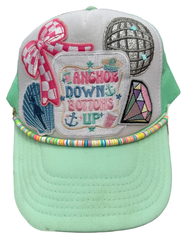 Mint anchor trucker hat with colorful patches and beaded band