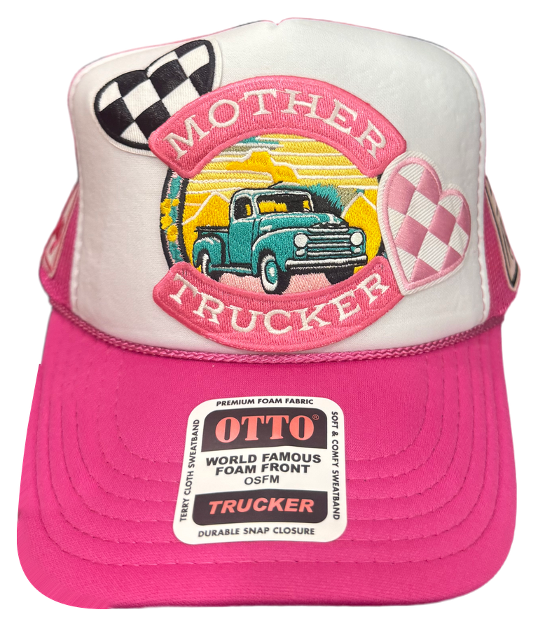 Pink Mother Trucker truck hat with checkered hearts